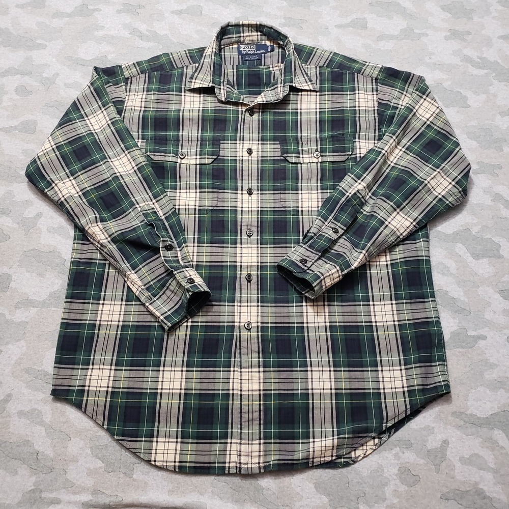 Polo Ralph Lauren Shirt Mens Large Green G.I. Pockets Long Sleeve Button-Up